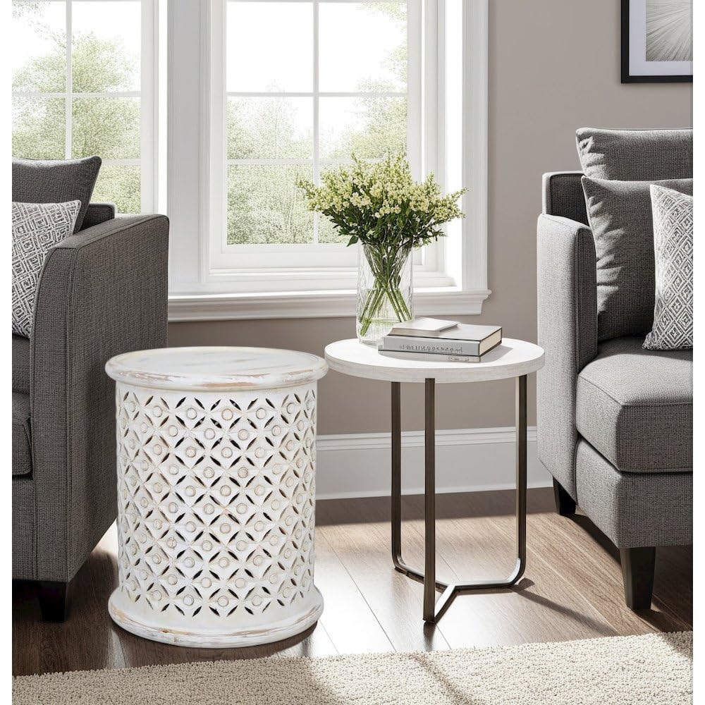 Elegant White Distressed Hardwood Drum End Table for Contemporary Spaces