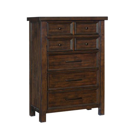 Saul 55 Inch Tall Dresser Chest, Brown, 6 Drawers, Dark Bronze Handles