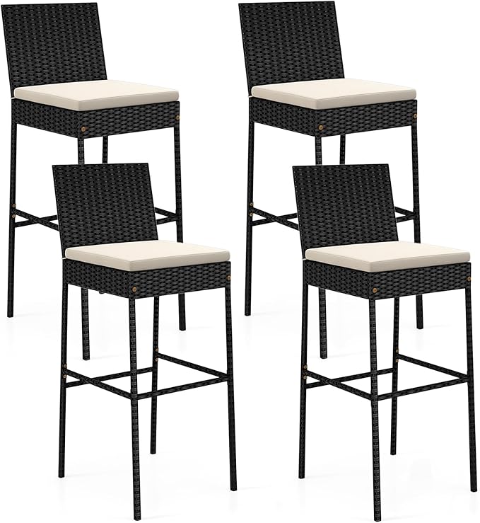 Outdoor Bar Stools Set of 2 - Wicker Rattan Patio Barstools Tall Chairs w/Back, Footrest