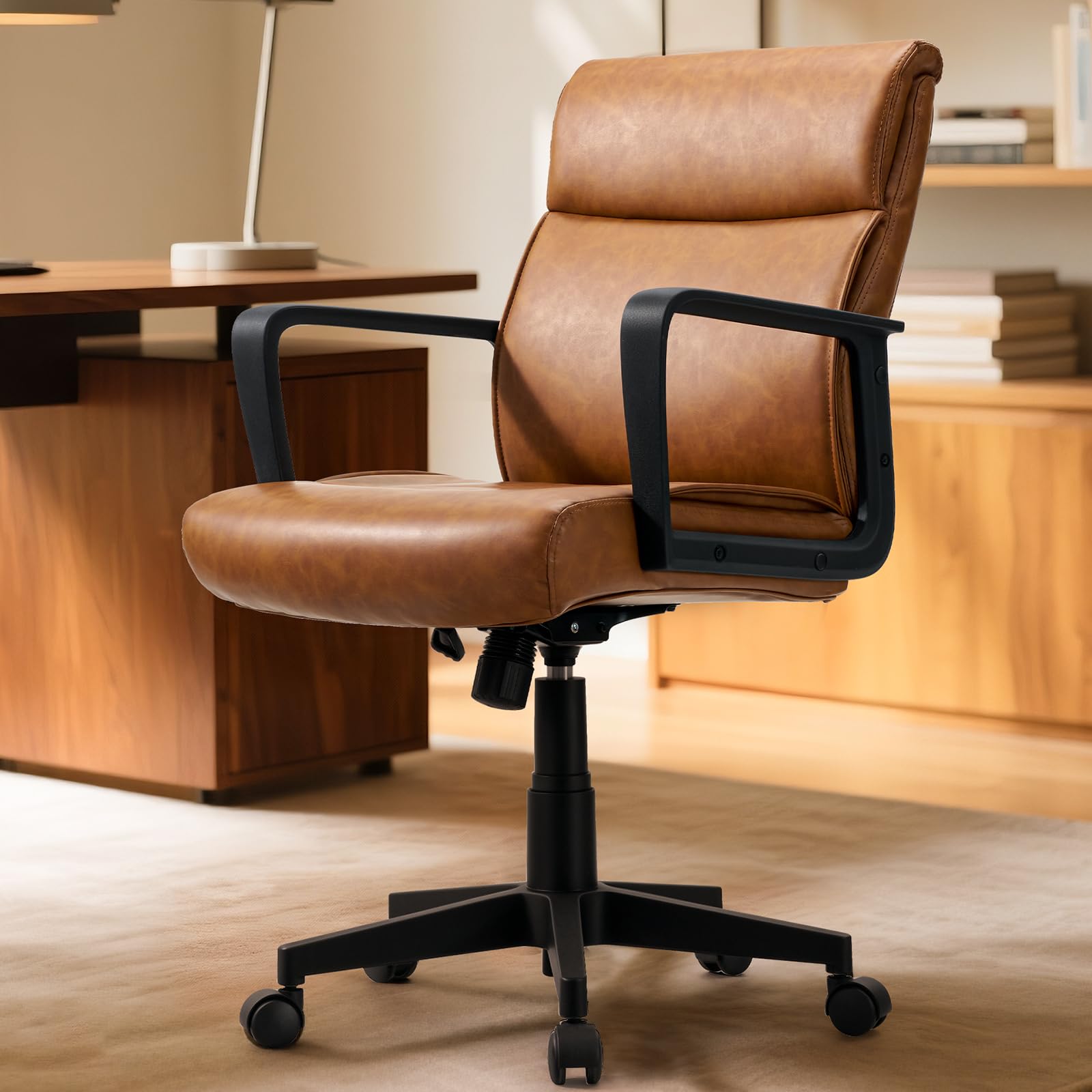 Brown Leather Office Chair with Wheels and Arms