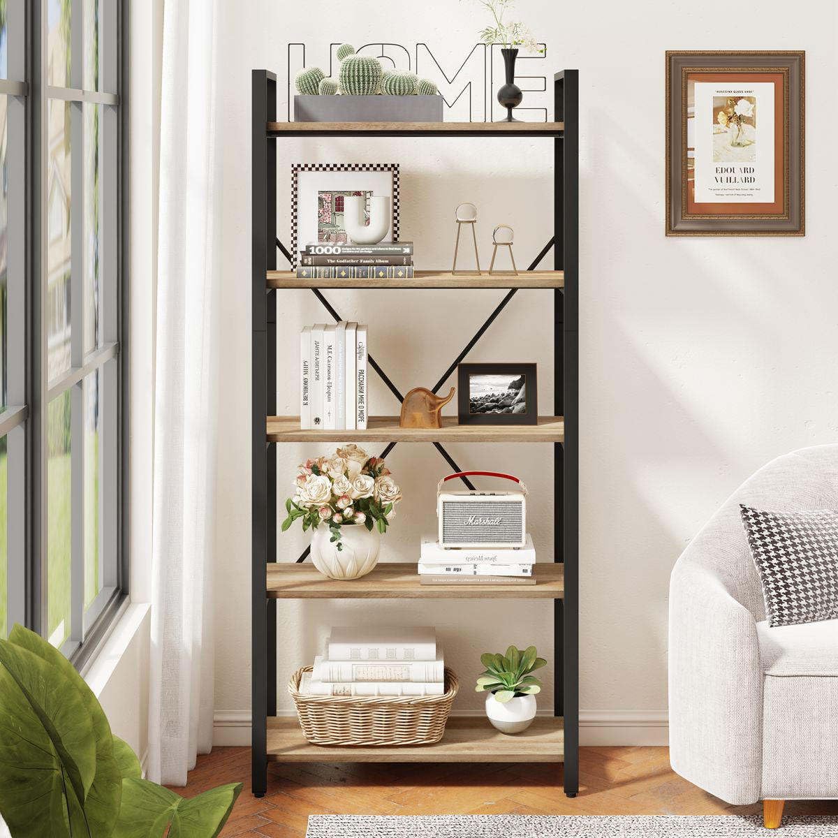 5 Tier Bookshelf, Industrial Wood and Metal Book Shelves for Display, Tall Etagere Bookcase and Rustic Shelving Unit (Rustic Oak)