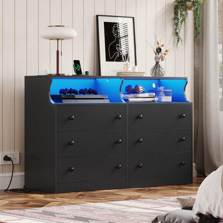 LED Dresser for Bedroom, 6 Drawer Double Dresser with Charging Station