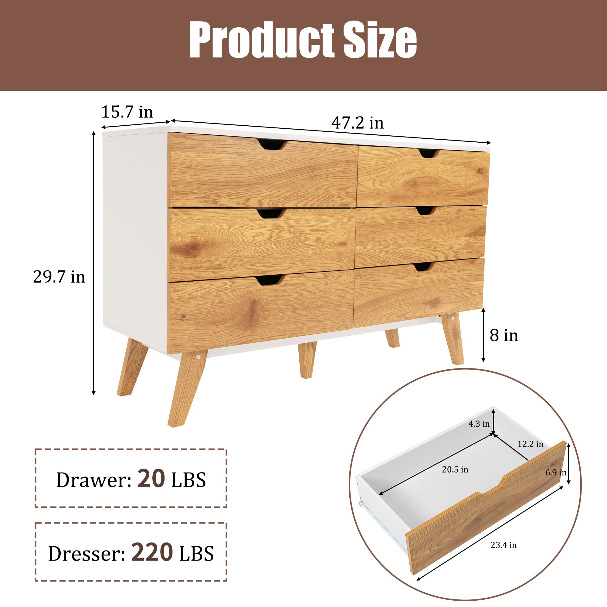 6 Drawer Dresser, Mid-Century Modern Dresser Wide 6 Chest of Drawers
