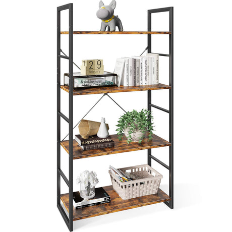 4 Tier Shelf Storage Organizer, Modern Book Shelf with Metal Frame for Bedroom, Living Room and Home Office, Rustic Brown