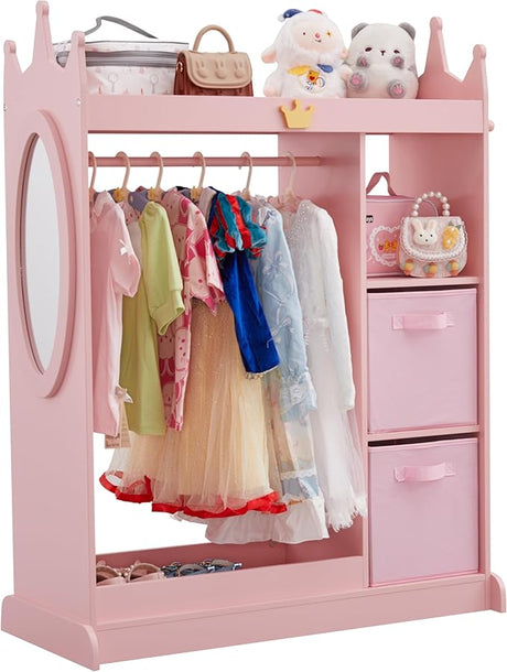 Kids Dress up Storage with Mirror, 2 Storage Bins & Cloth Hanger, Kids Play Armoire Dresser Pretend Storage Closet for Bedroom