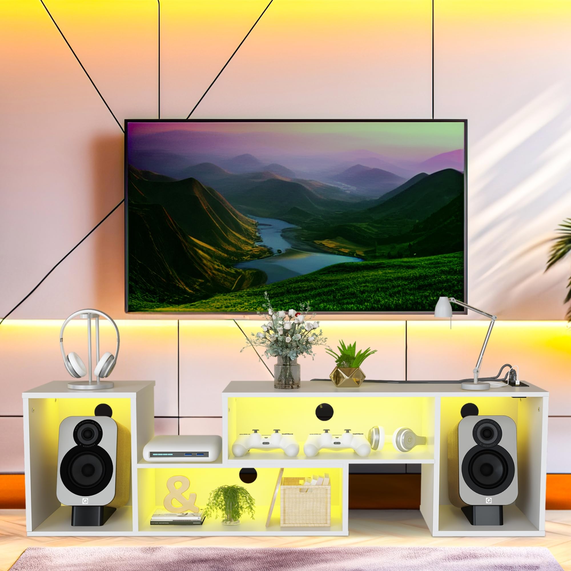 Modern L-Shaped LED TV Stand with Storage for 65-Inch TVs