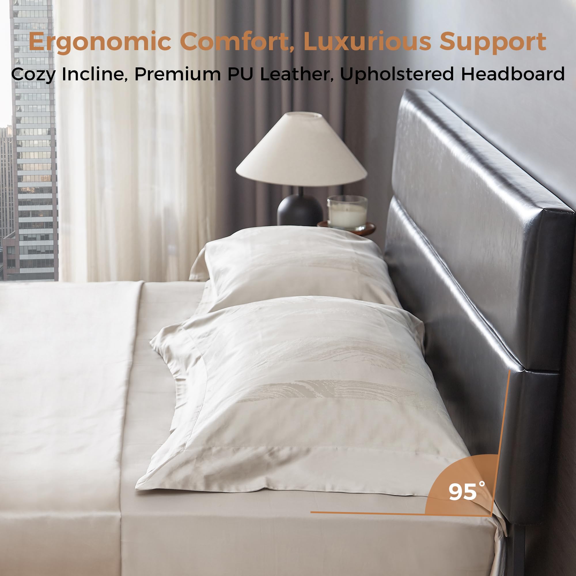 Queen Size Platform Bed Frame with Upholstered Headboard - Dark Black