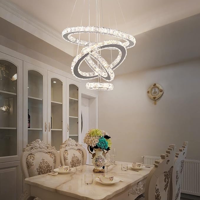 Crystal Chandeliers Modern LED Rings Pendant Light Adjustable Stainless Steel Ceiling