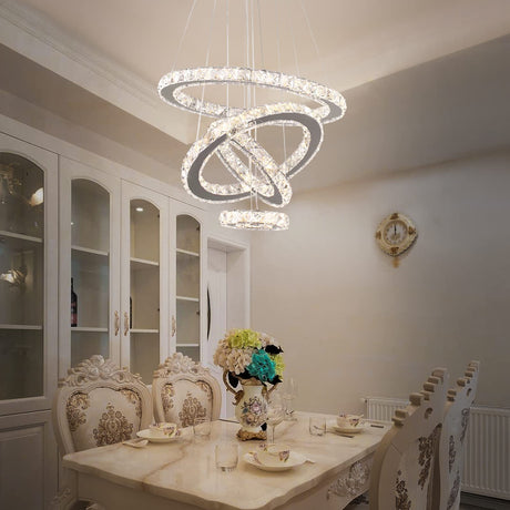 Crystal Chandeliers Modern LED Rings Pendant Light Adjustable Stainless Steel Ceiling