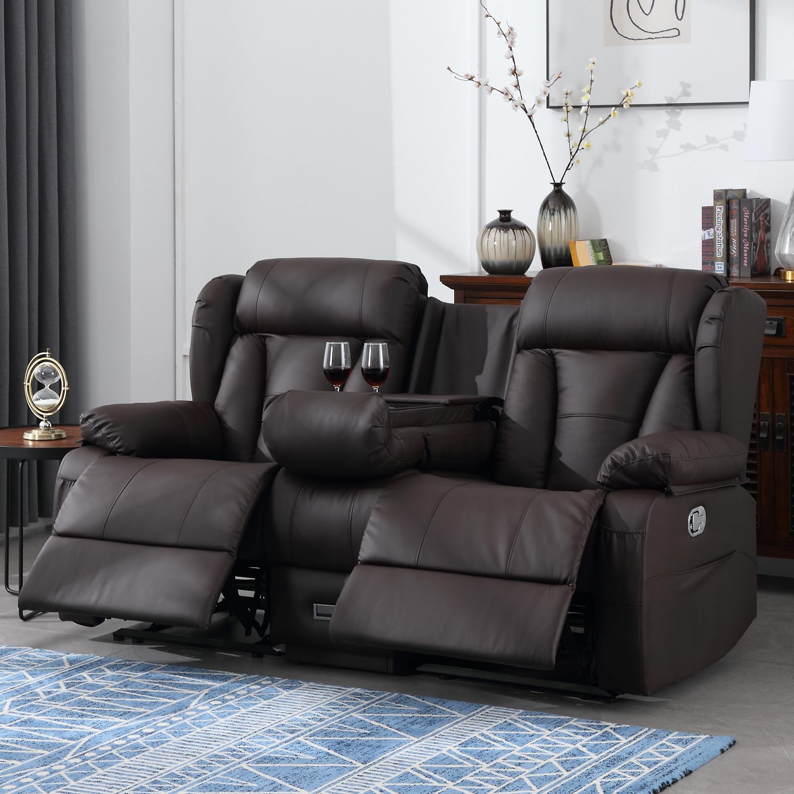 Loveseat Recliner RV Sofa – Manual Reclining Sofa with Console, Cup Holders & USB