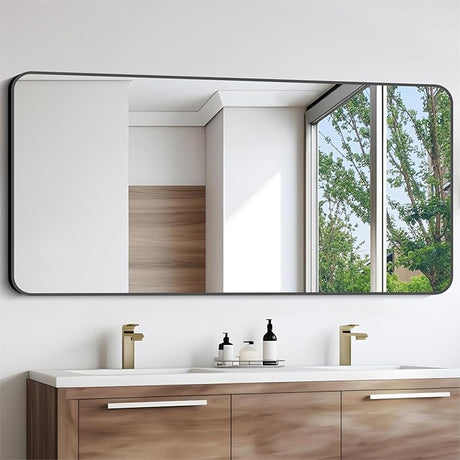 Bathroom Mirror, 30x50 inch Large Rectangle Mirror, Black Metal Framed