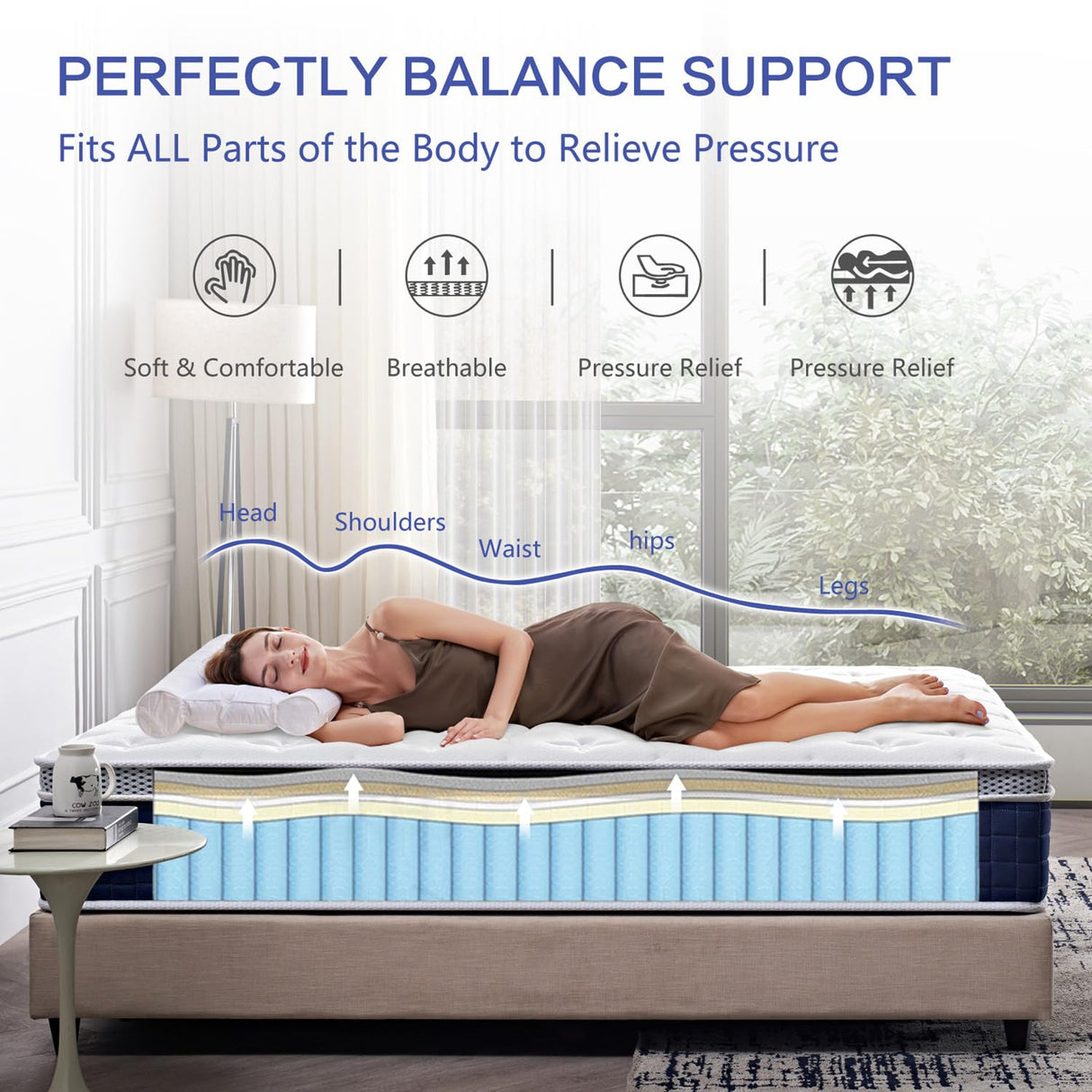 LINARTS Queen Size Mattress, 12 Inch Queen Mattress, High Density Resilience Sponge Mattress, Medium Firm Soft Comfort White Mattress, Relieves Pressure and Pain, Plush Feel with Supportive Structure