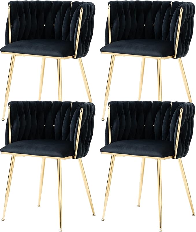 Modern Velvet Dining Chairs Set of 4, Woven Dining Room Chairs with Gold Metal Legs