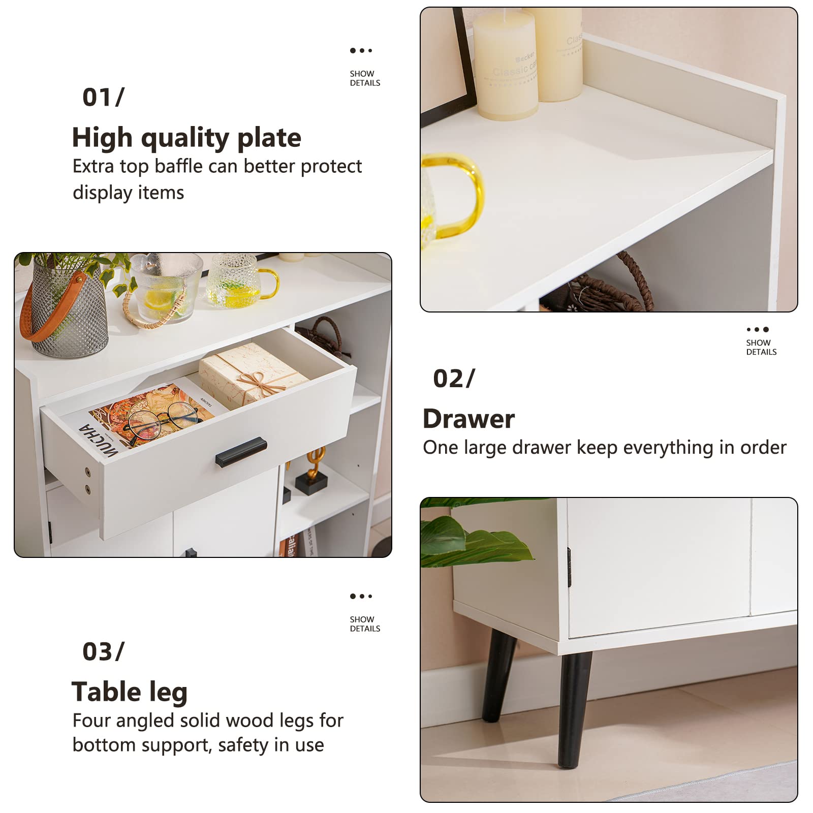 Storage Cabinet, Floor Storage Cabinet with 1 Large Space, 2 Doors & 3 Shelves,
