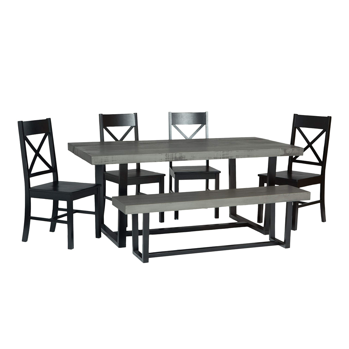 Walker Edison Barnes 6-Piece Rustic Metal and Wood Dining Table with X-Back Chairs, Set of 6, Grey/Black