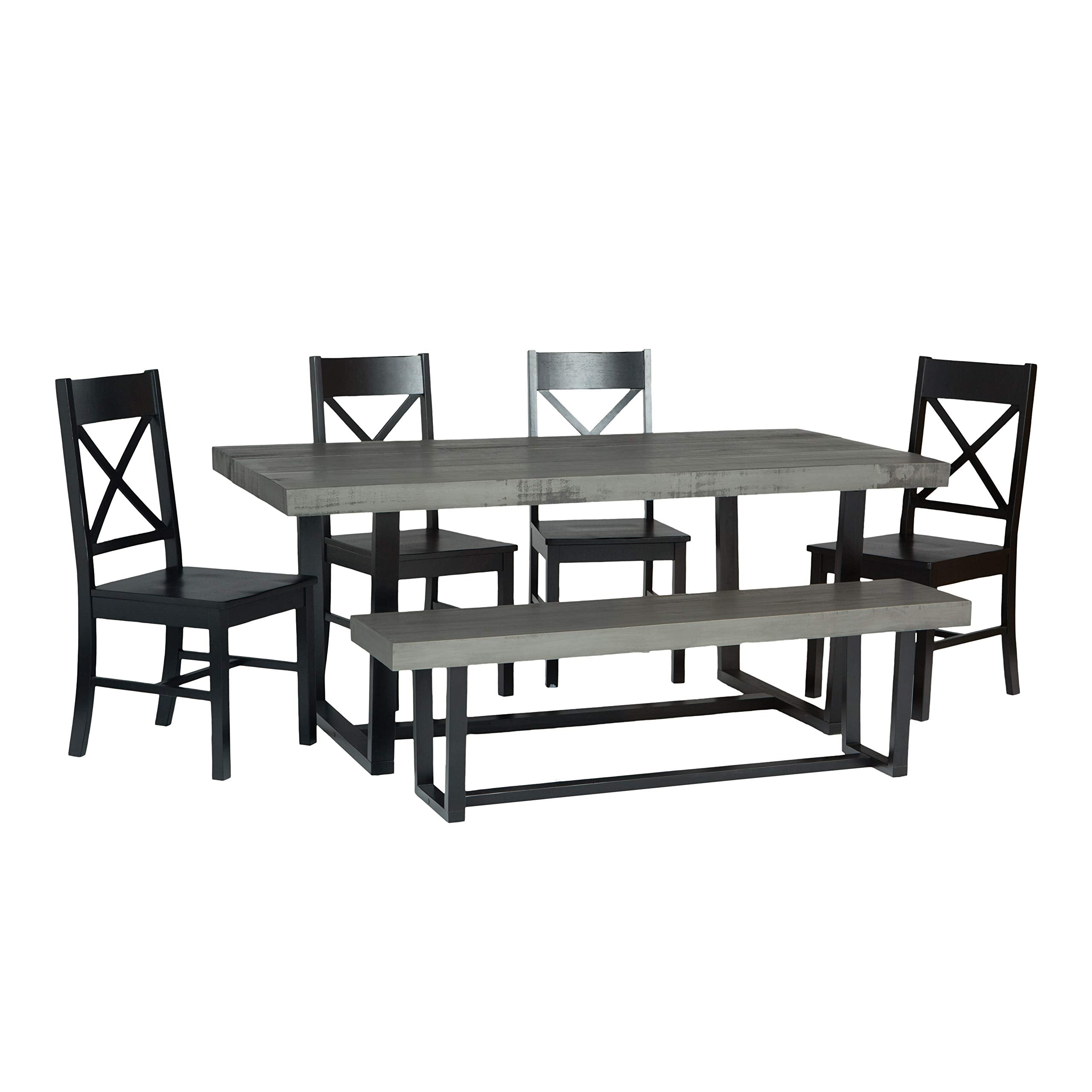 Walker Edison Barnes 6-Piece Rustic Metal and Wood Dining Table with X-Back Chairs, Set of 6, Grey/Black