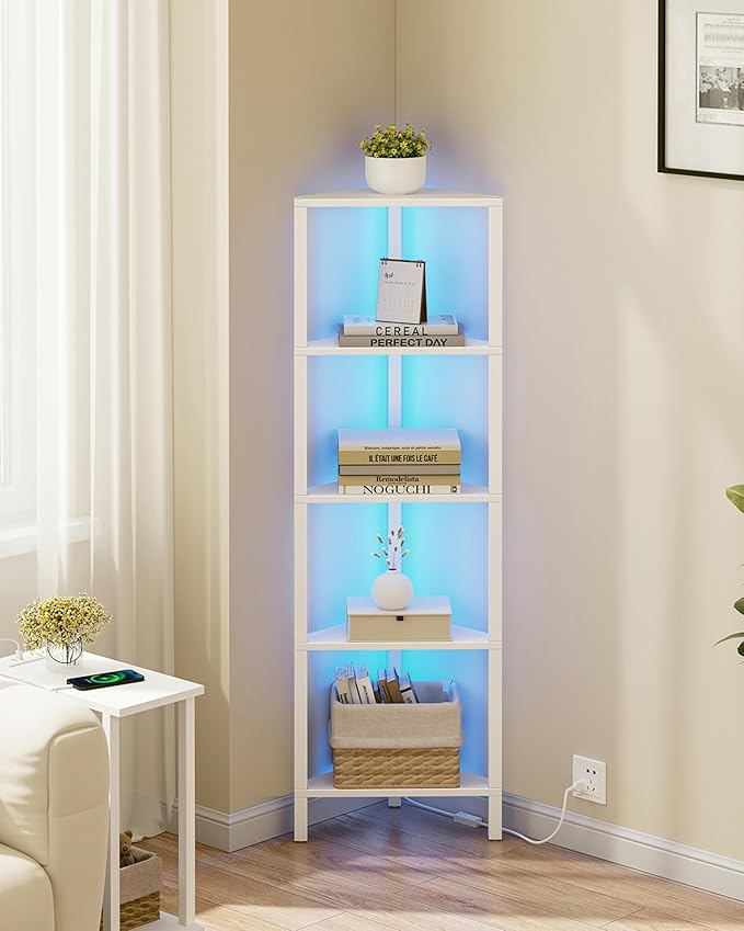Corner Shelf with LED Light, 6-Tier Corner Bookshelf for Small Space, Narrow Display C