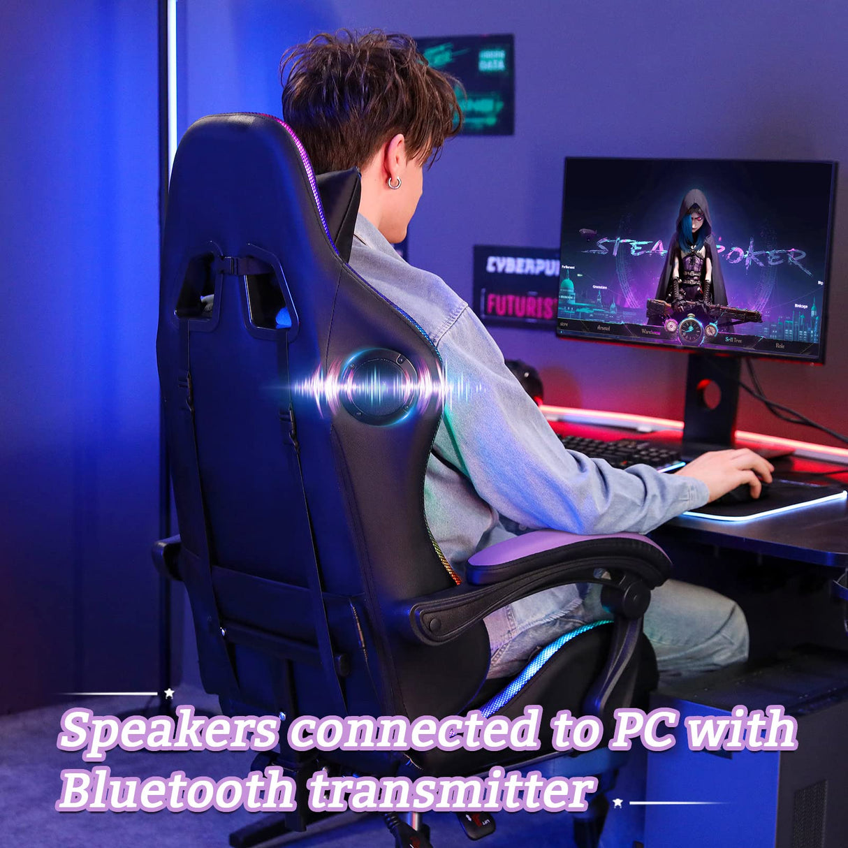 Ergonomic Gaming Chair with Bluetooth Speakers, LED RGB Lights & Massage