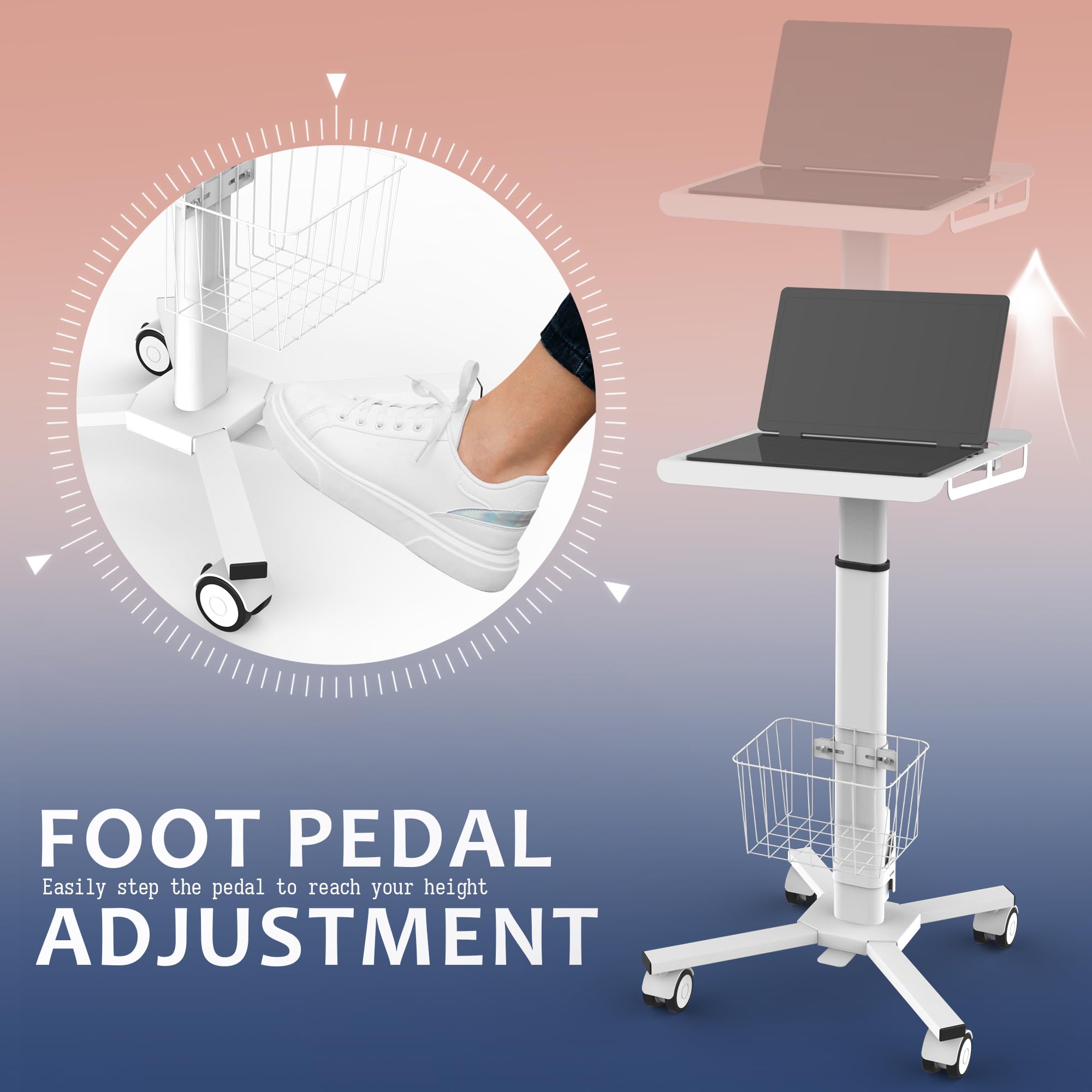TUILUN Adjustable Height Portable Laptop Desk with Wheels,White Computer Cart on Wheels,Standing Mobile Desk Workstation, Utility Medical Cart
