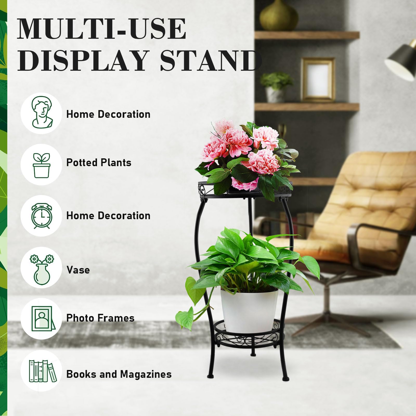 EverBloom 15-Inch Tall Round Metal Plant Stand, 2-Pack