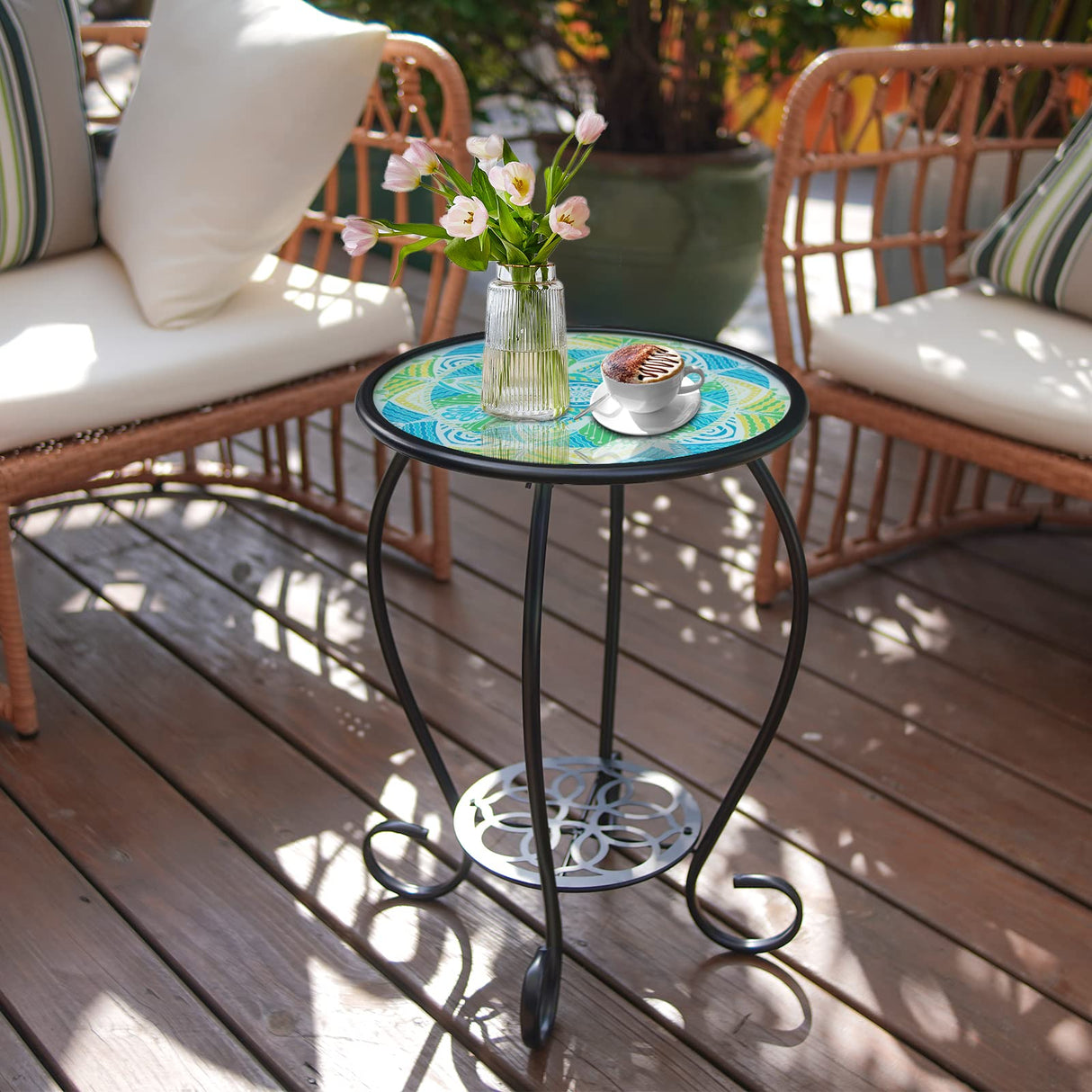 Mosaic Outdoor Side Table, 14" Round Patio Side Table, Mosaic Plant Stand, End Table