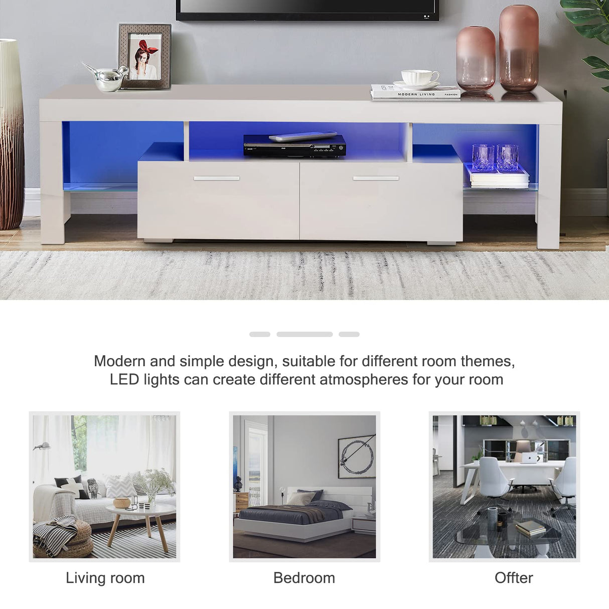 White LED TV Stand for 75 Inch TV, High Gloss TV Entertainment Center