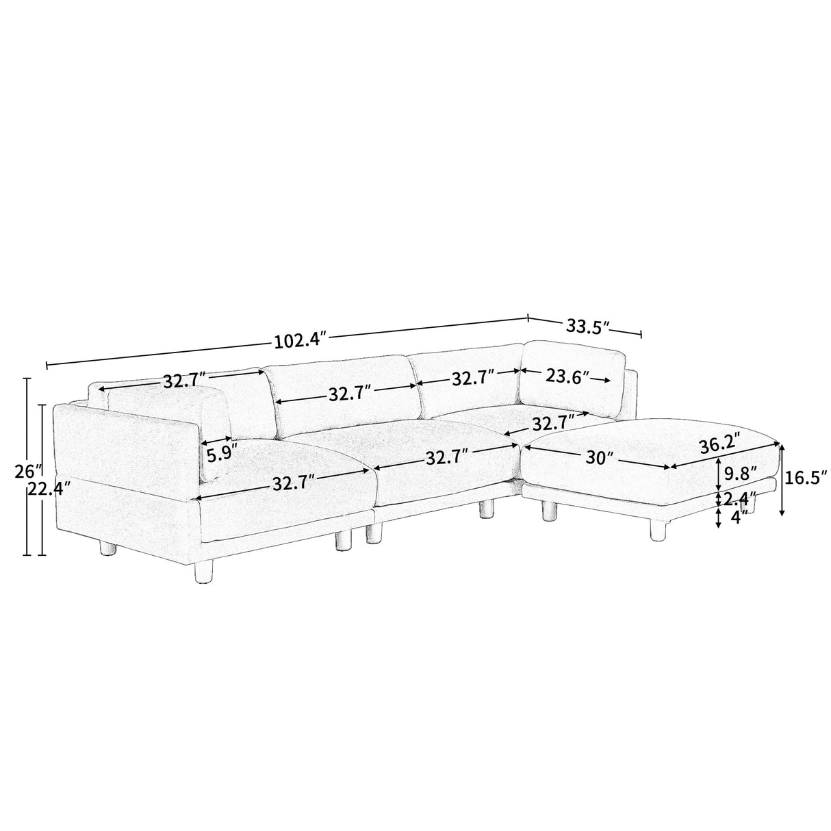 Convertible Sectional Sofa, L Shaped Couch with Reversible Chaise, 3, White