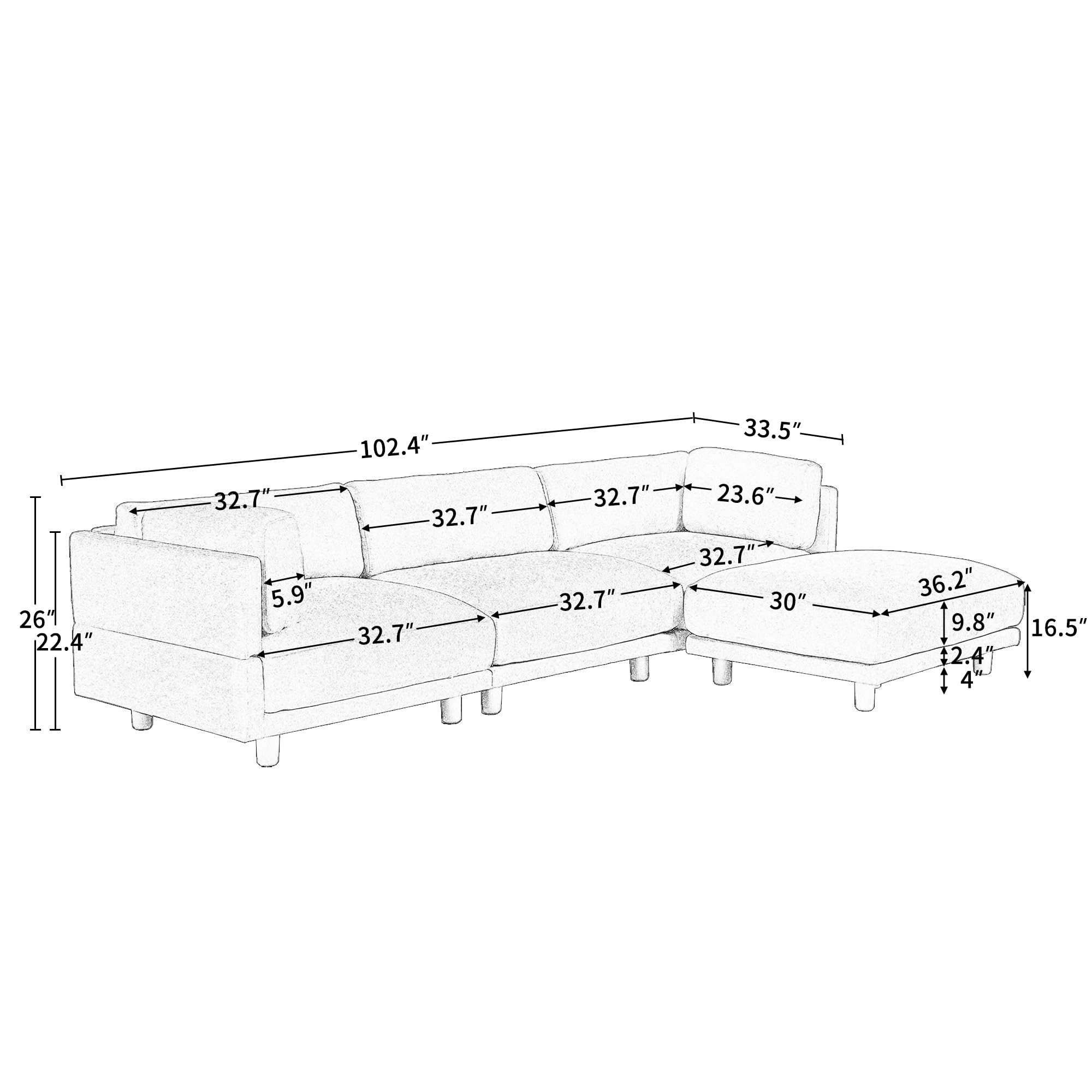 Convertible Sectional Sofa, L Shaped Couch with Reversible Chaise, 3, White