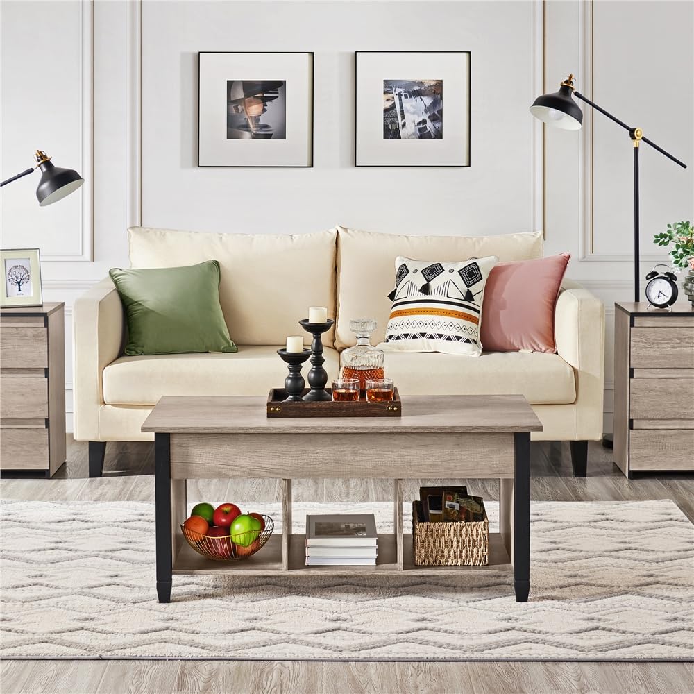 Gray Coffee Table, Lift Top Coffee Table with Hidden Compartment & Shelf