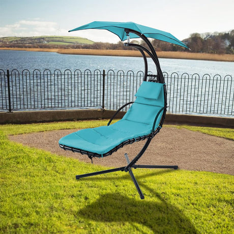 Outdoor Hanging Curved Steel Chaise Lounge Chair Swing w/Built-in Pillow and Removable Canopy, Hanging Curved Chaise Lounge Chair Swing for Patio Porch Poolside, Hammock Chair with Stand (Blue)