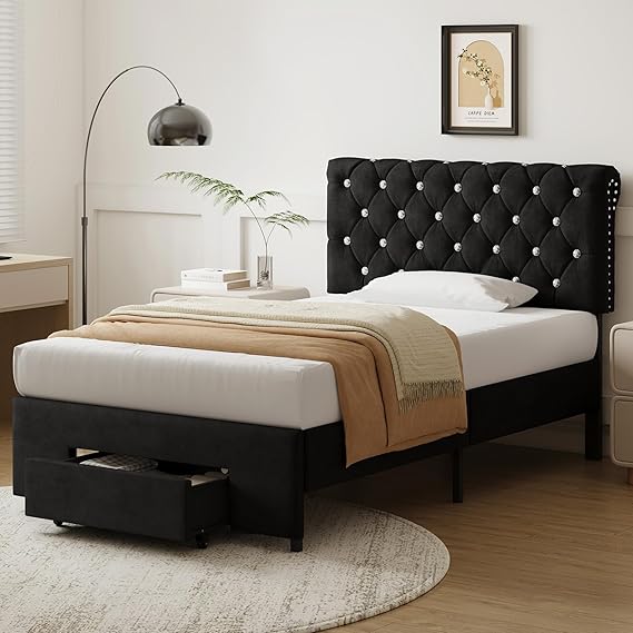 Full Bed Frame with Storage Drawer and Adjustable Headboard