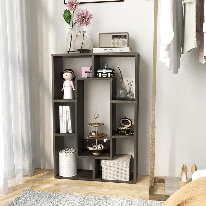 35.5” Geometric Bookshelf, Freestanding Wood Open Bookcase with 7 Cubes, Anti-Toppling Devices, Home Office Décor Rectangular Storage Shelf Display Rack for Study Living Room (1, Natural)