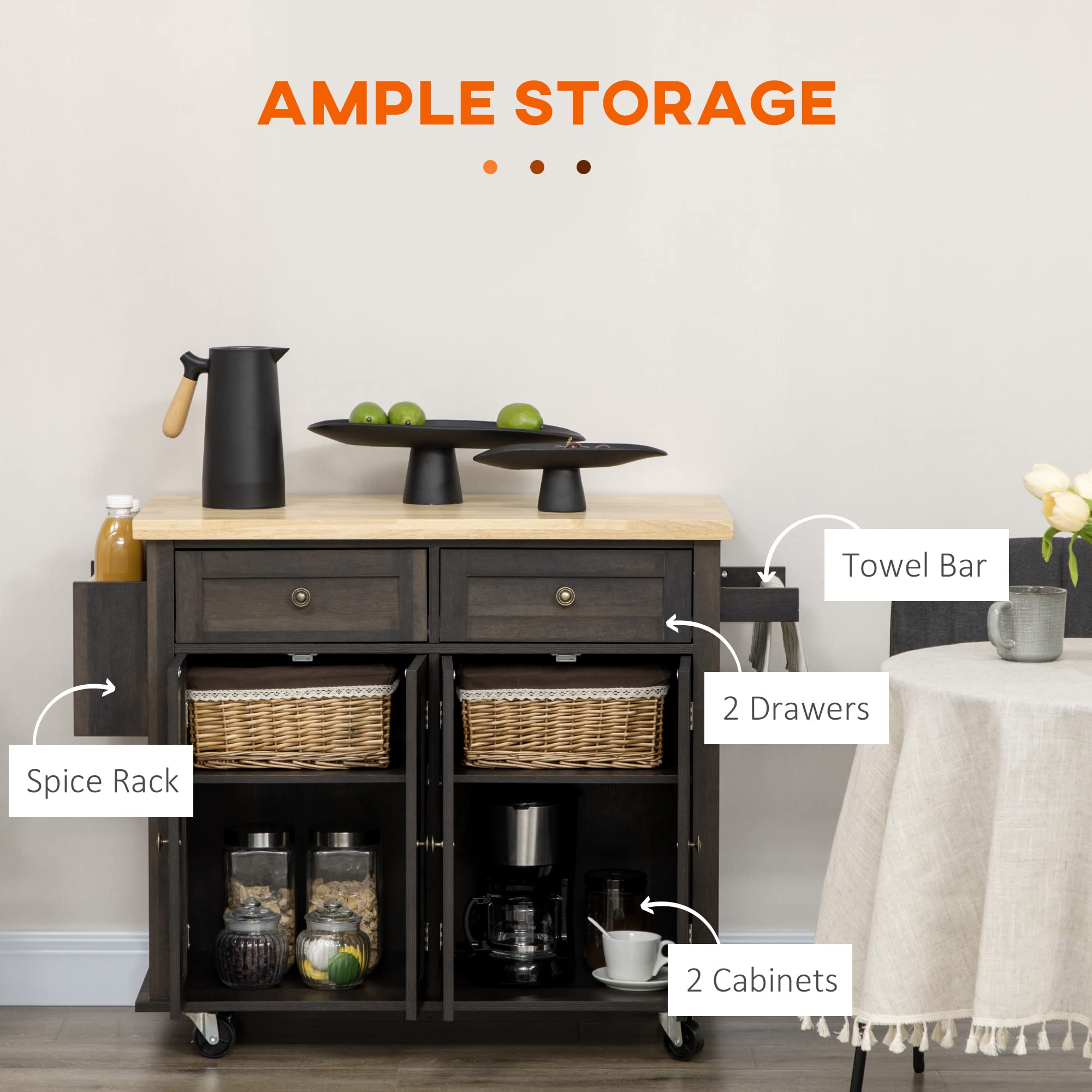 Kitchen Island on Wheels, Rolling Cart with Rubberwood Top