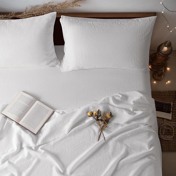 LBR02M 100% Linen Sheet Set King Size,Bed Sheets 4 Piece Sets, Solid Color Natural Flax Bed Sheets Soft Breathable Bedding,16" Deep Pocket,All Season (King, Linen)