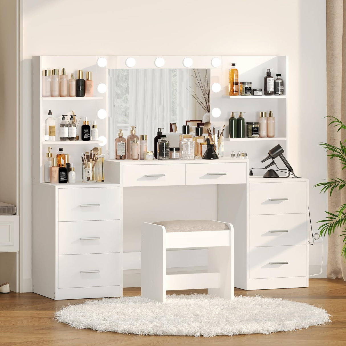 Desk Set with Mirror & Lights, Makeup Vanity with Stool and Charging Station, Makeup Desk with Drawers & Open Storage Shelves, Bedroom Vanity Table Set, White WDT006WD