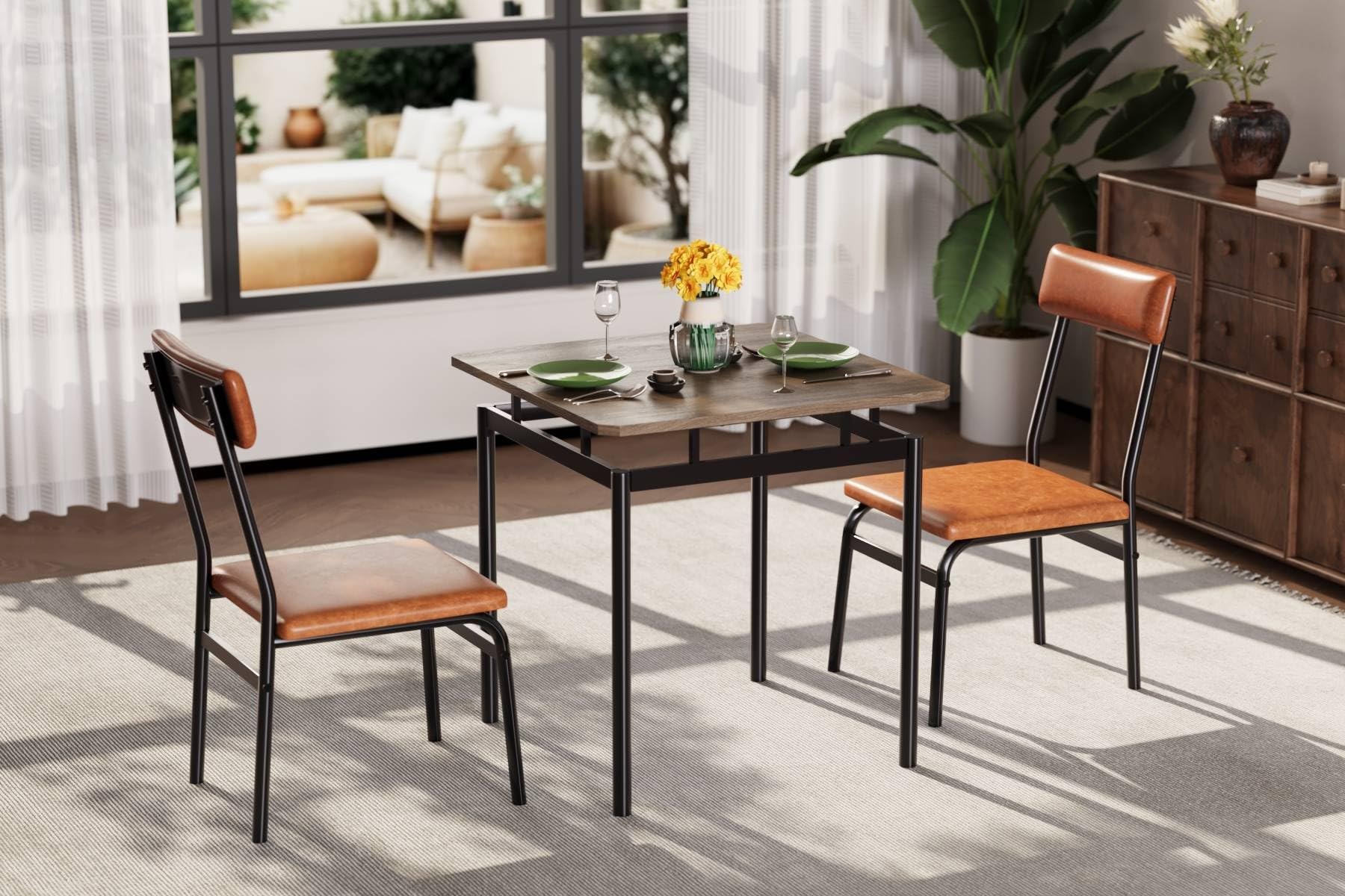 3-Piece Small Dining Table Set for 2 - Farmhouse Brown