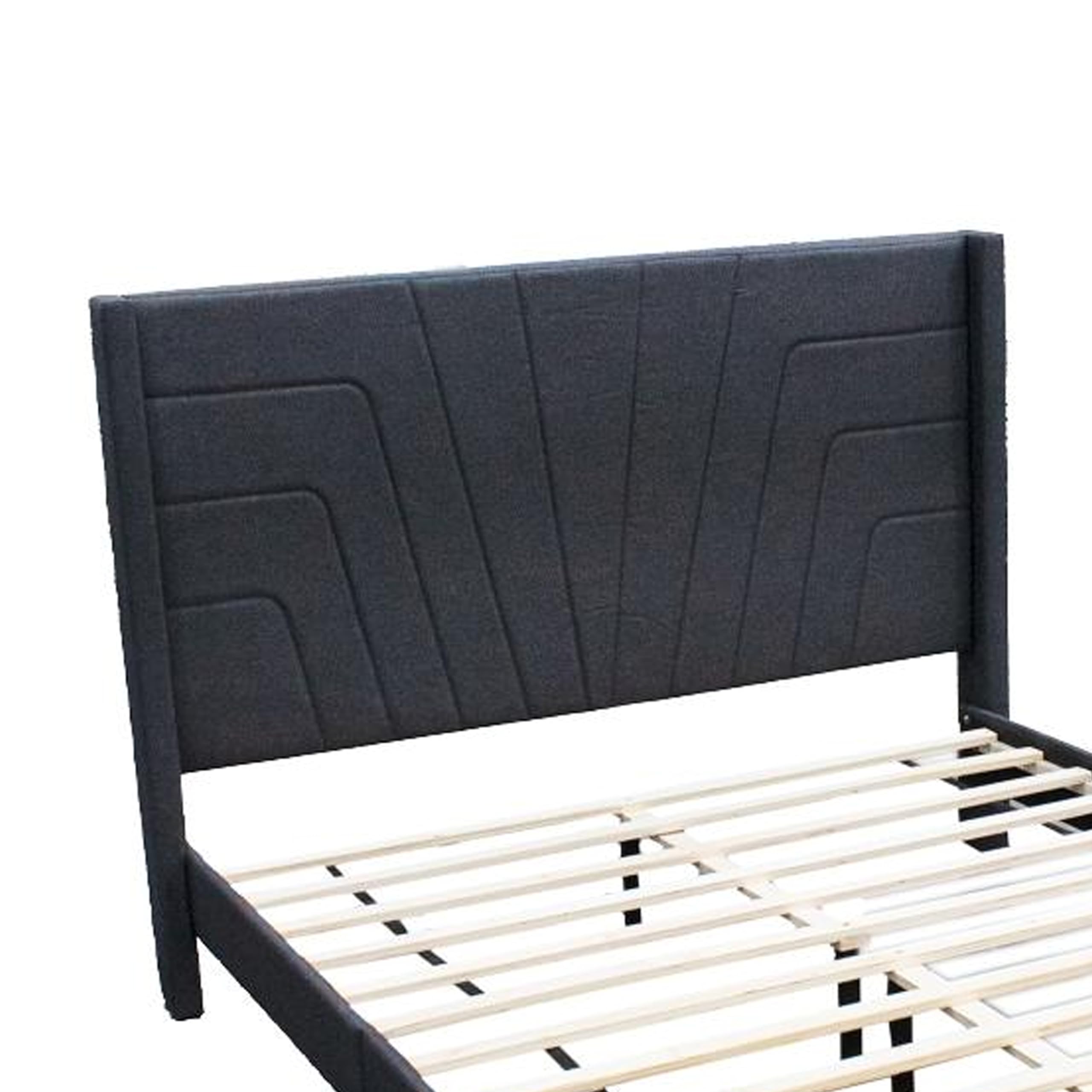 NNY Queen Size Bed with Tufted Headboard and Charcoal Burlap Upholstery and Wood,