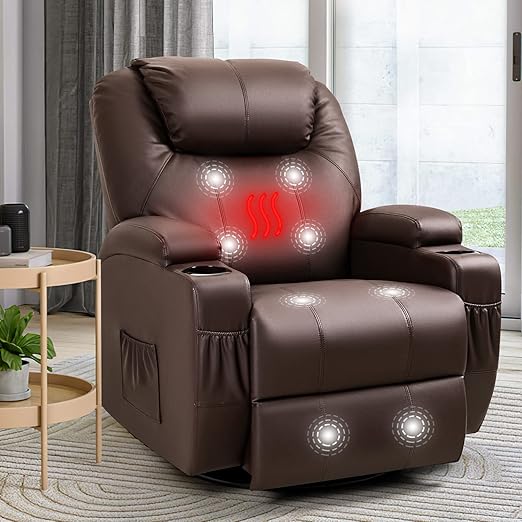 Rocker Recliner Chair with Massage for Elderly, Leather Adjustable 360°Swivel Rocking