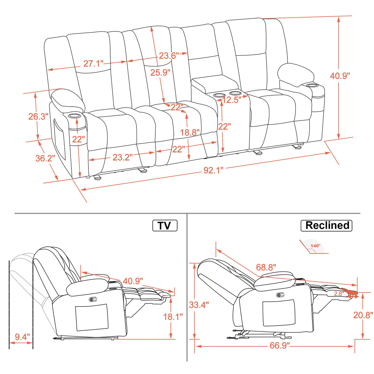 Power Reclining Sofa with Heat and Massage,USB Ports, Cup Holders