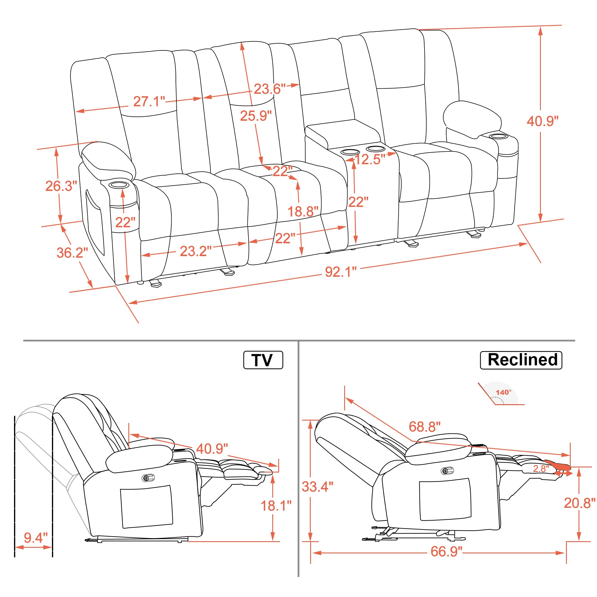 Power Reclining Sofa with Heat and Massage,USB Ports, Cup Holders