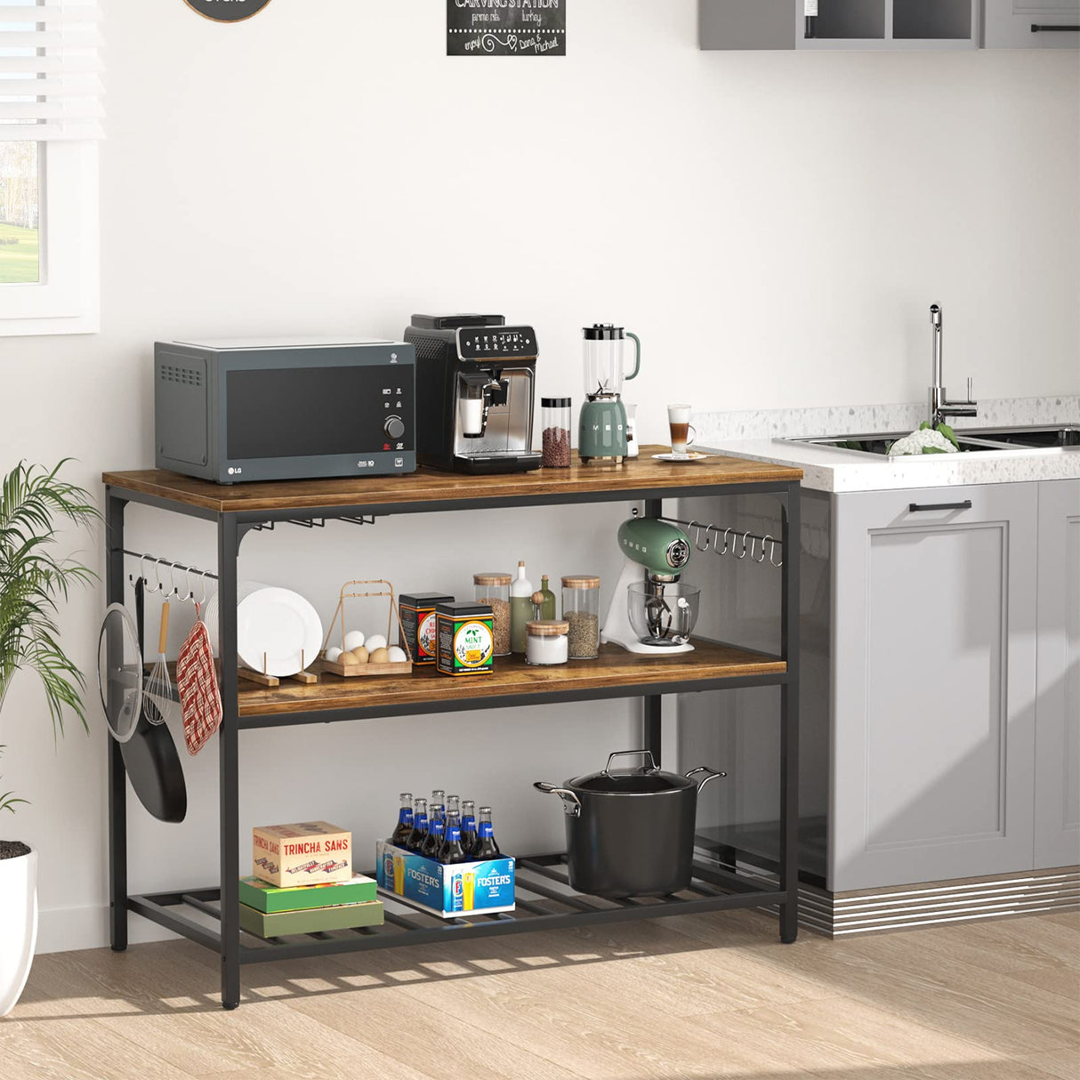 Kitchen Island with Wine Glass Holder, Industrial Wood and Metal Coffee Bar