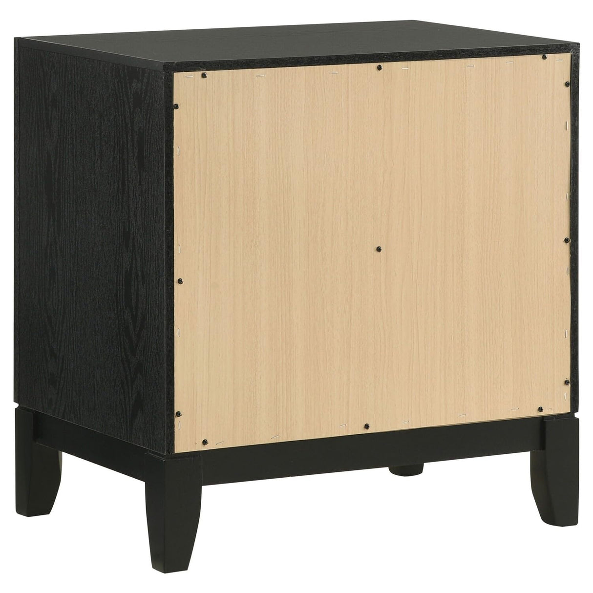 AKI 25 Inch Nightstand, 2 Drawers, Geometric Cut Out Front, Black, Brown and Silver