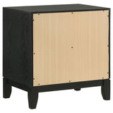 AKI 25 Inch Nightstand, 2 Drawers, Geometric Cut Out Front, Black, Brown and Silver