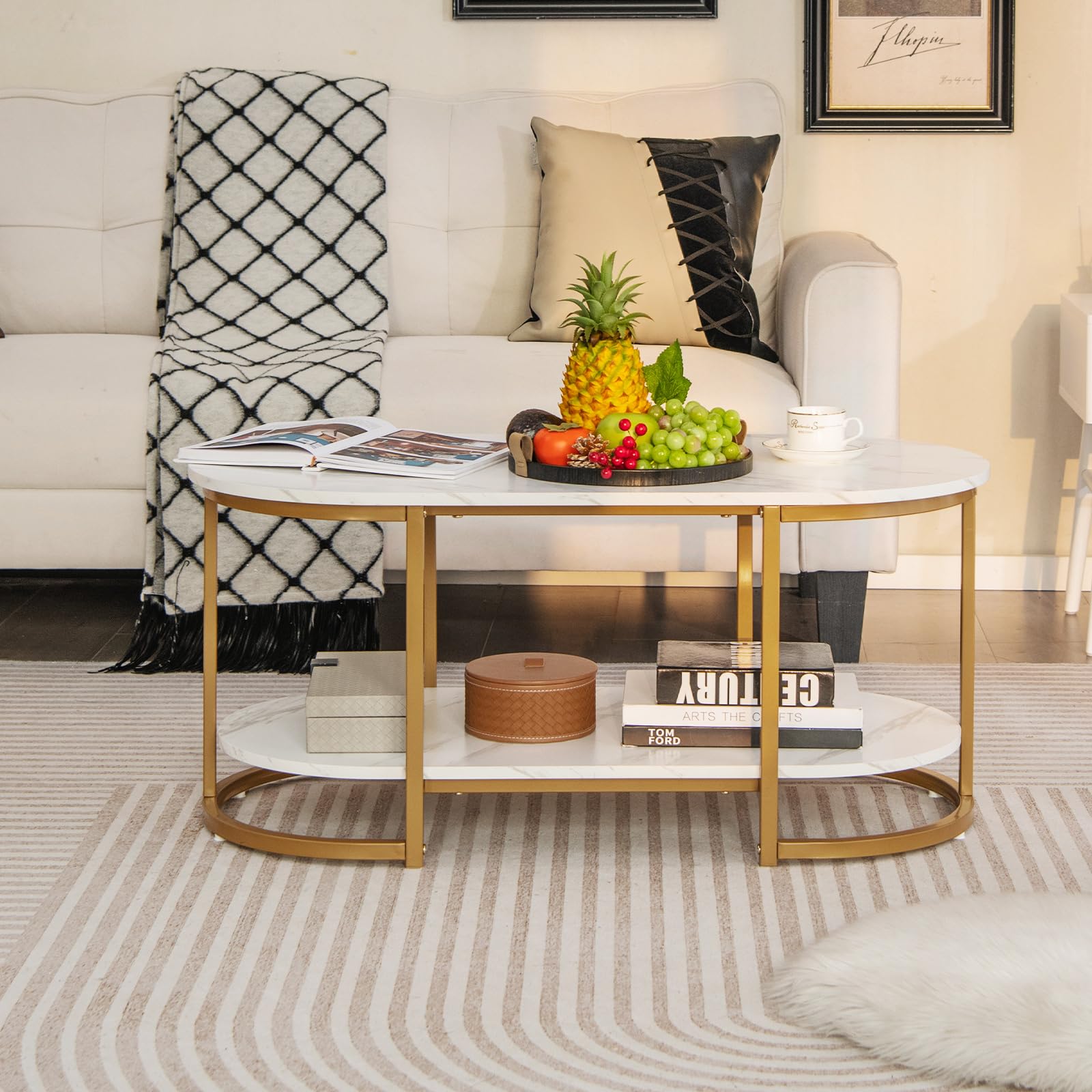 Modern Coffee Table 2 Tier, 39” Oval Coffee Table with Faux Marble