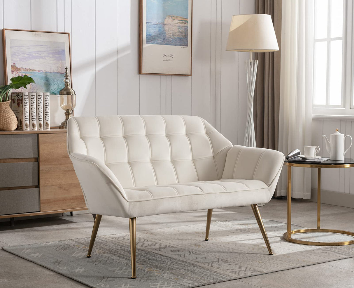 48 inch Small Loveseat for Small Space, Modern Mini Sofa Couch Upholstered High Wingback Chair Velvet Settee Bench with Back 2-Seat Armchair for Bedroom Living Room, Cream