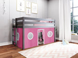 Contemporary Low Loft Twin Bed with End Ladder, Gray with Pink & White Tent