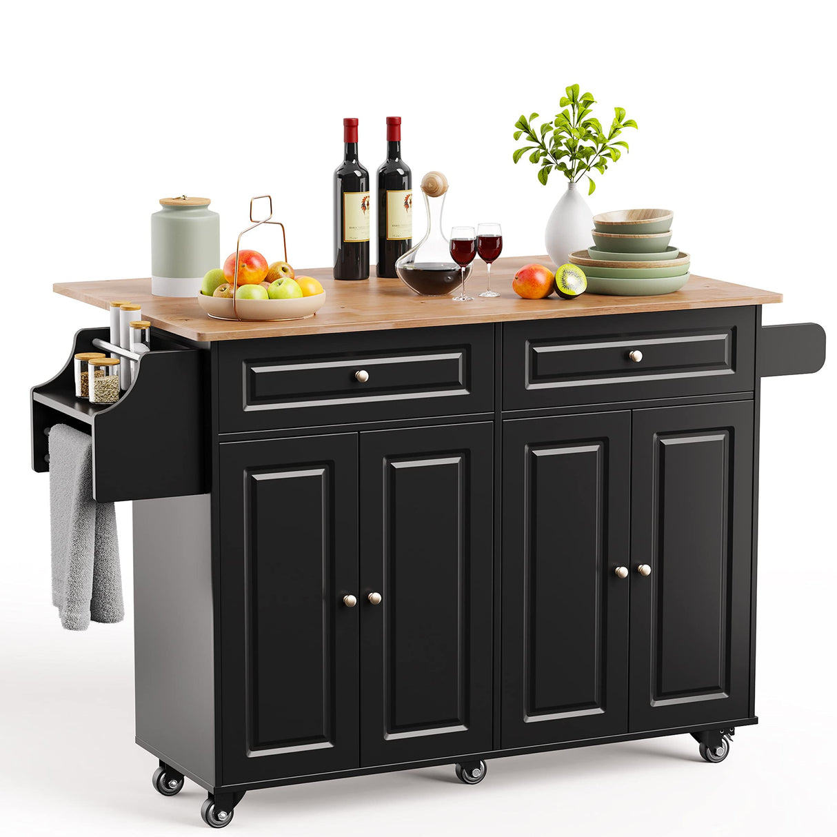 Kitchen Island with Storage, Kitchen Cart on 5 Universal Wheels