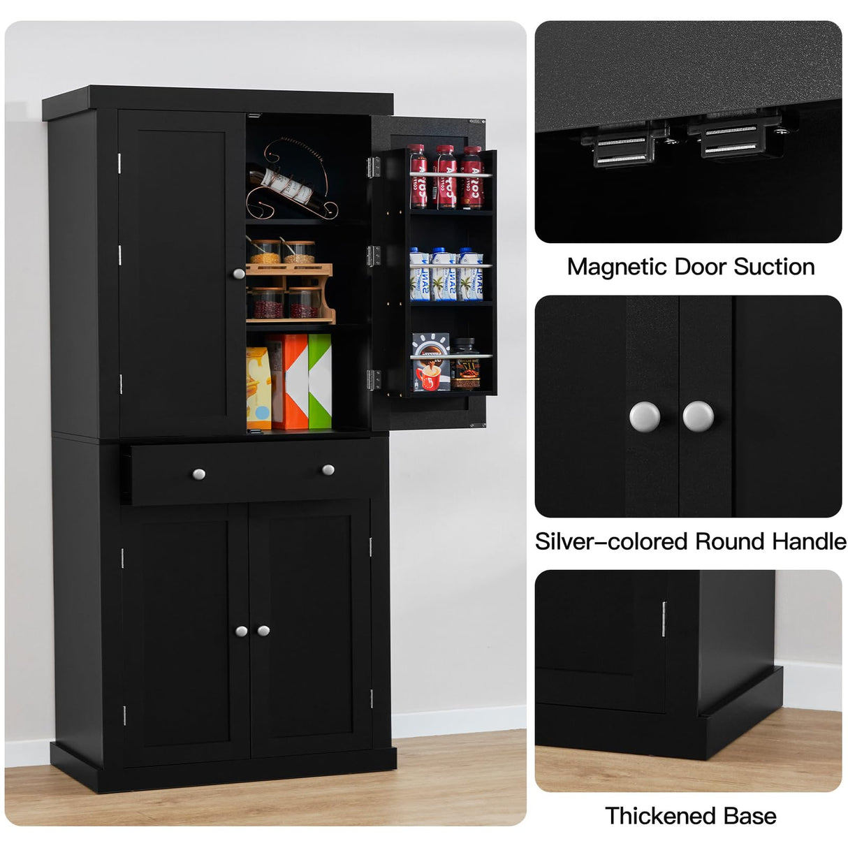 usikey 72” Kitchen Pantry Cabinet, Tall Storage Cabinet with 4 Doors and 1 Drawer, Freestanding Cupboard with 6 Hanging Shelves and Adjustable Shelves for Kitchen, Dining Room,Living Room, Black