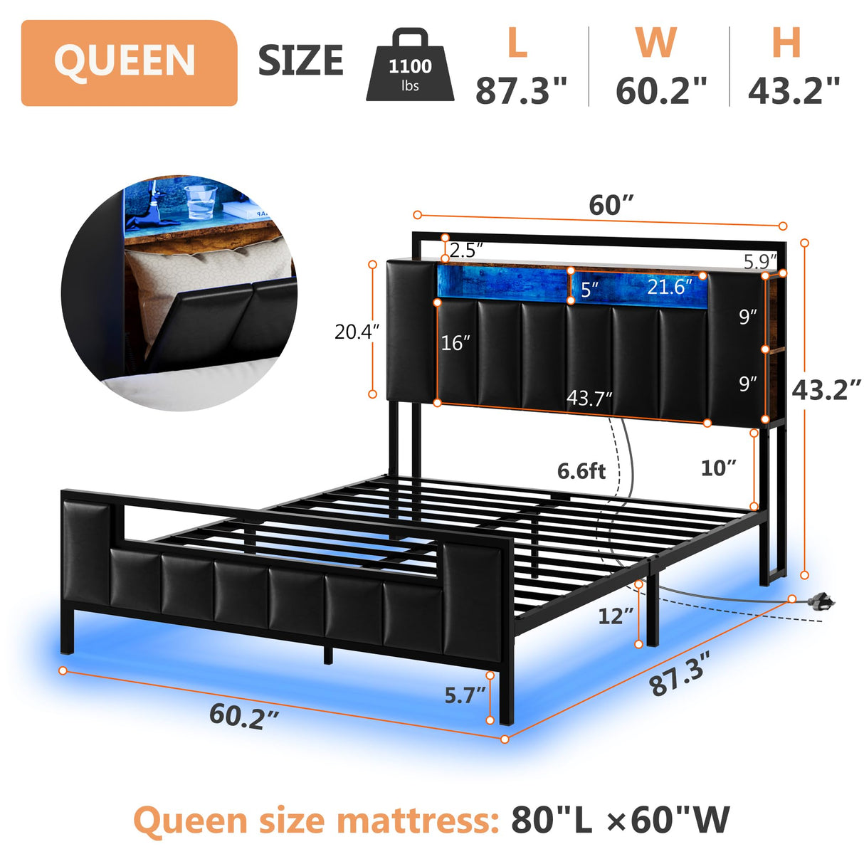 Queen Bed Frame with Storage Headboard & Charging Station, PU Leather Platform Bed