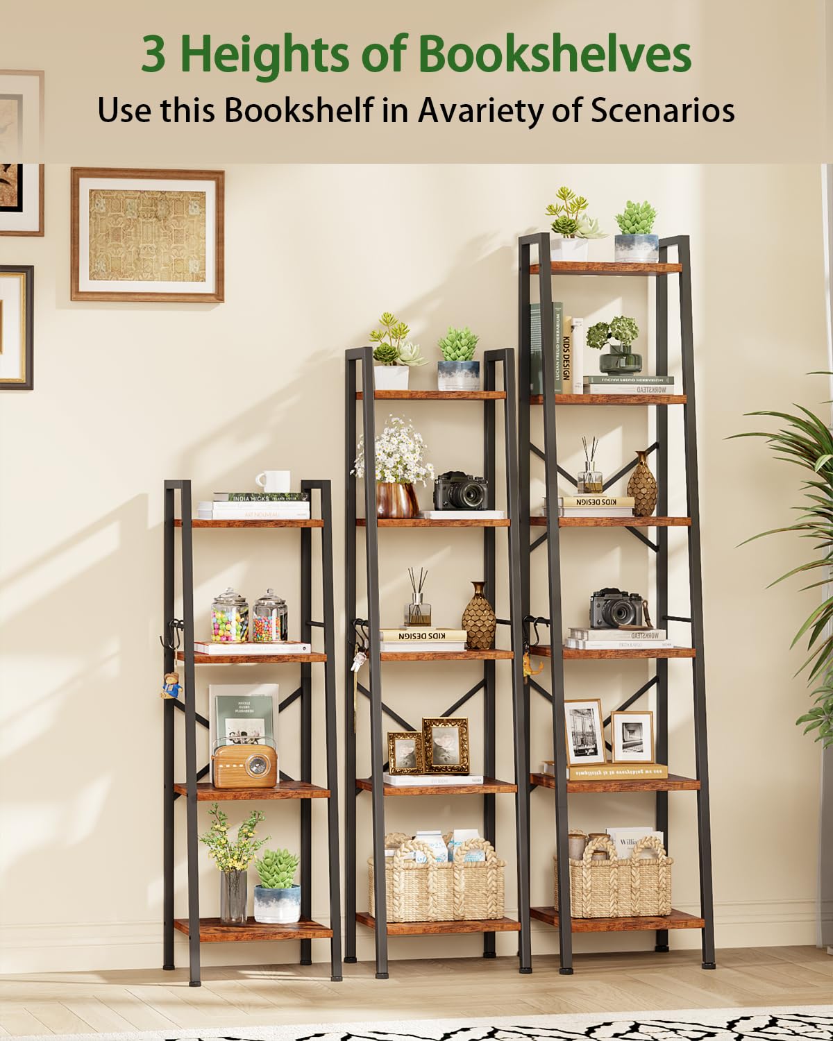 4 Tier Ladder Shelf,Narrow Bookshelf with 2 Hooks,Industrial Bookcase with Open Storage Shelves,Display Freestanding Shelf Units for Living Room,Bedroom,Kitchen,Bathroom,Rustic Brown